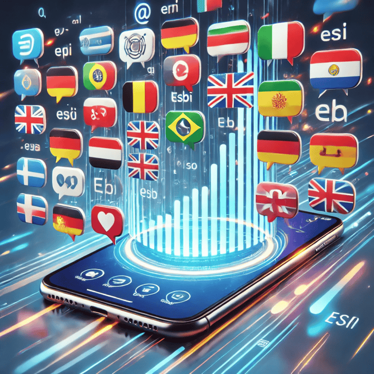 Flags representing various countries and social media icons emerging from a smartphone, symbolizing global digital communication and multilingual online presence.