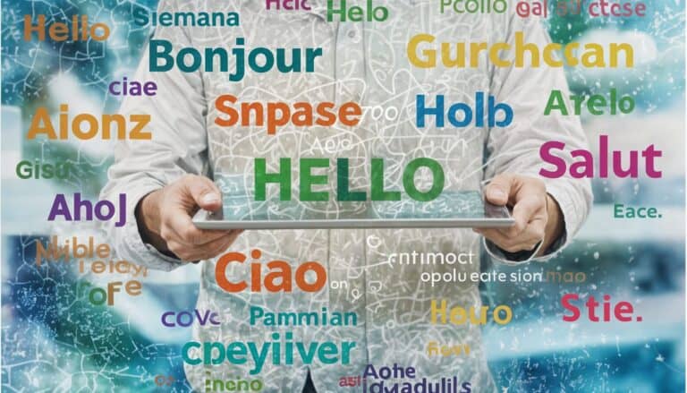 HELLO in various languages displayed on a digital tablet held by a person.