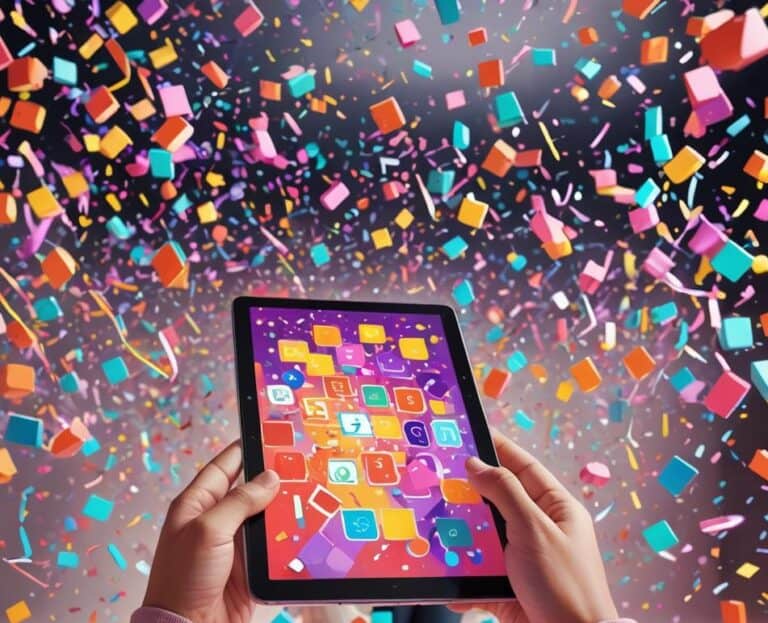 hands holding a tablet, confetti in the air floating