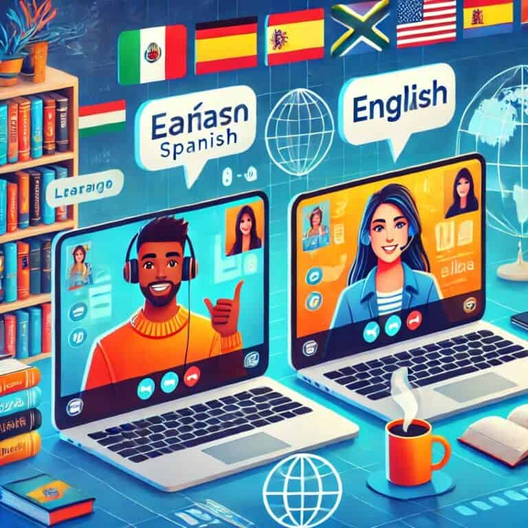 labtops open on screens online language learning