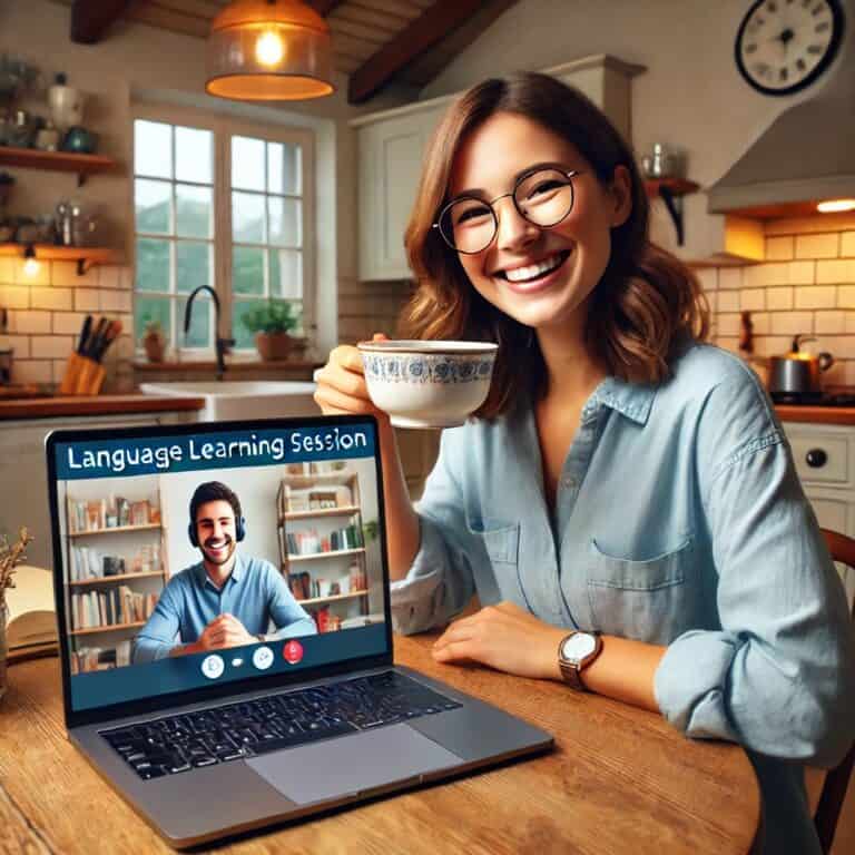 Best Language Learning Platforms with Tutors 2026: italki vs Preply vs Lingoda Compared 9 A cozy kitchen scene featuring a smiling woman holding a cup of tea while actively engaged in a video call on her laptop. On the laptop screen, a friendly tutor.