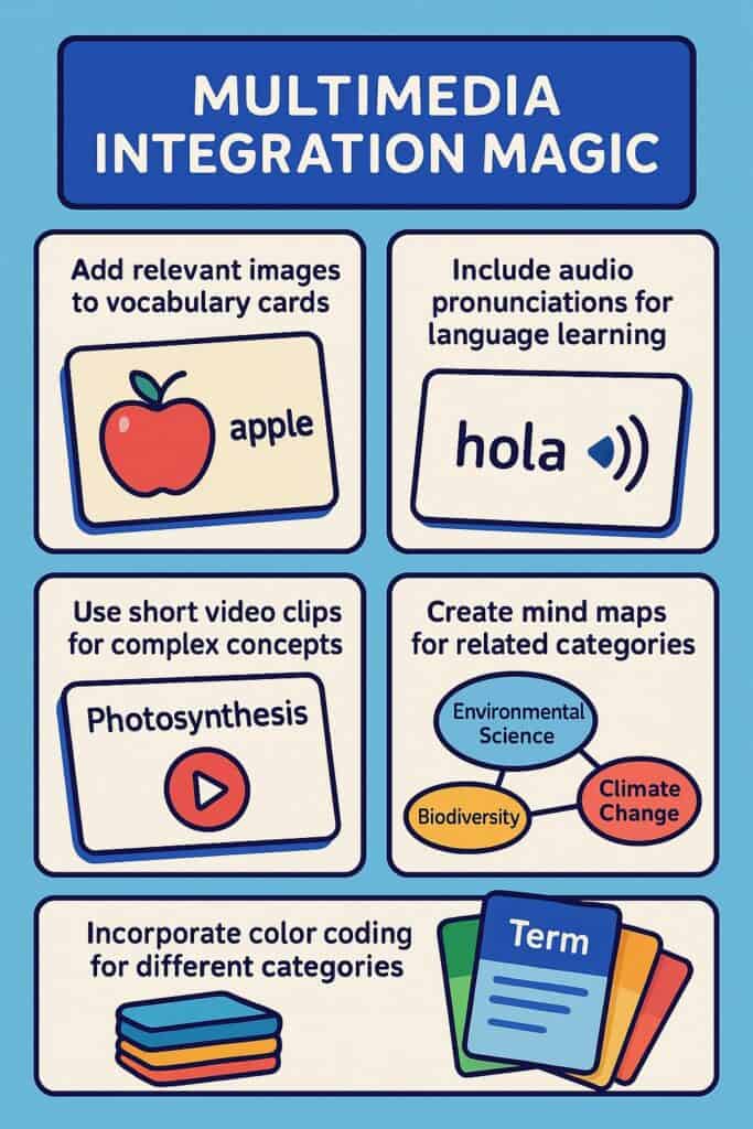 Best Spaced Repetition Software to Master Vocabulary 4 a poster showing different ways to integrate memory retention, ie. vocabulary cards