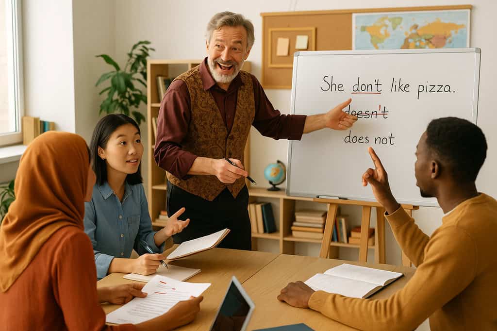 How Study Abroad Deepens Language Learning Skills 5 a professor correcting a study abroad student's grammar on a whiteboard