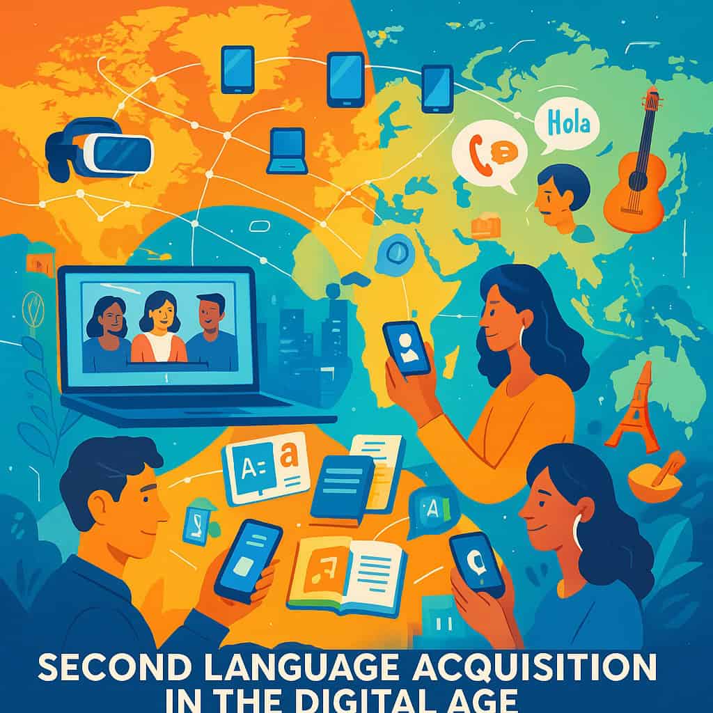 Second Language Acquisition in a Digital World 1 A map of the world with digital connections (lines, arrows, or nodes) showing different regions interconnected by technology. - Icons of smartphones, tablets, laptops, and virtual reality headsets scattered around the globe.