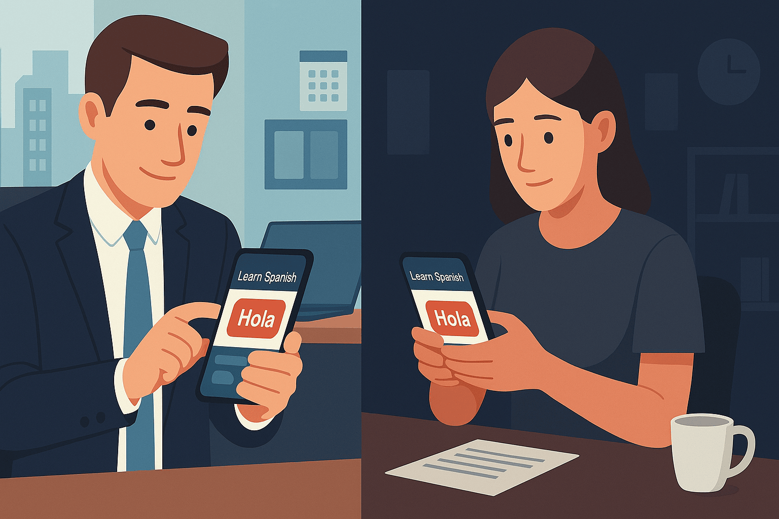 Woman and man practicing Spanish language learning on smartphones.