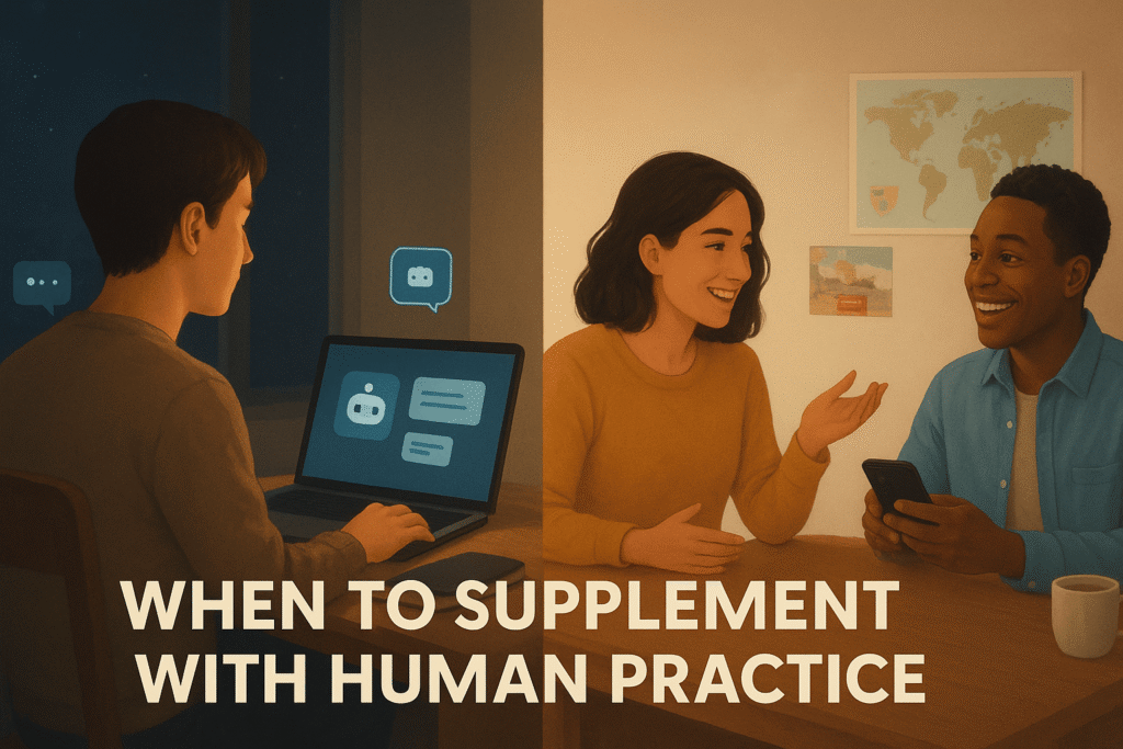 the idea of building consistent language practice habits using AI chatbots and balancing them with real human interaction