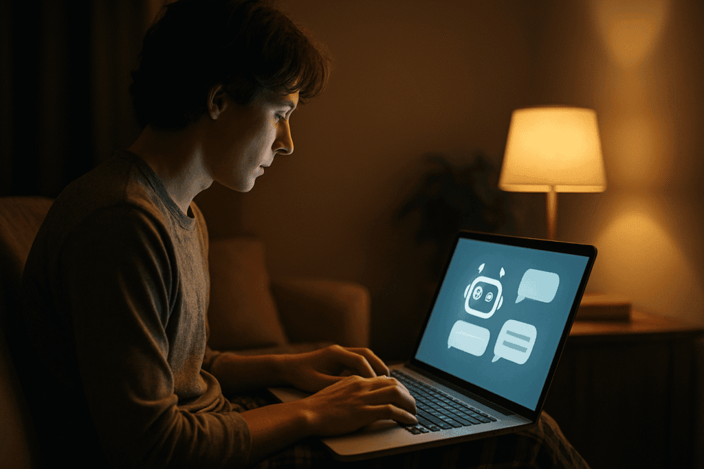 A jong person sitting in a cozy sofa, chatting with an AI chatbot on his laptop .