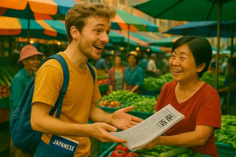 Friendly young man shopping at outdoor market, talking with vendor, colorful produce stalls background.