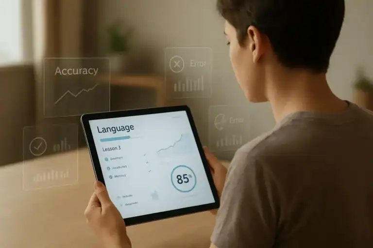 A learner using a tablet, focused on a language learning interface that visualizes the persons progress.