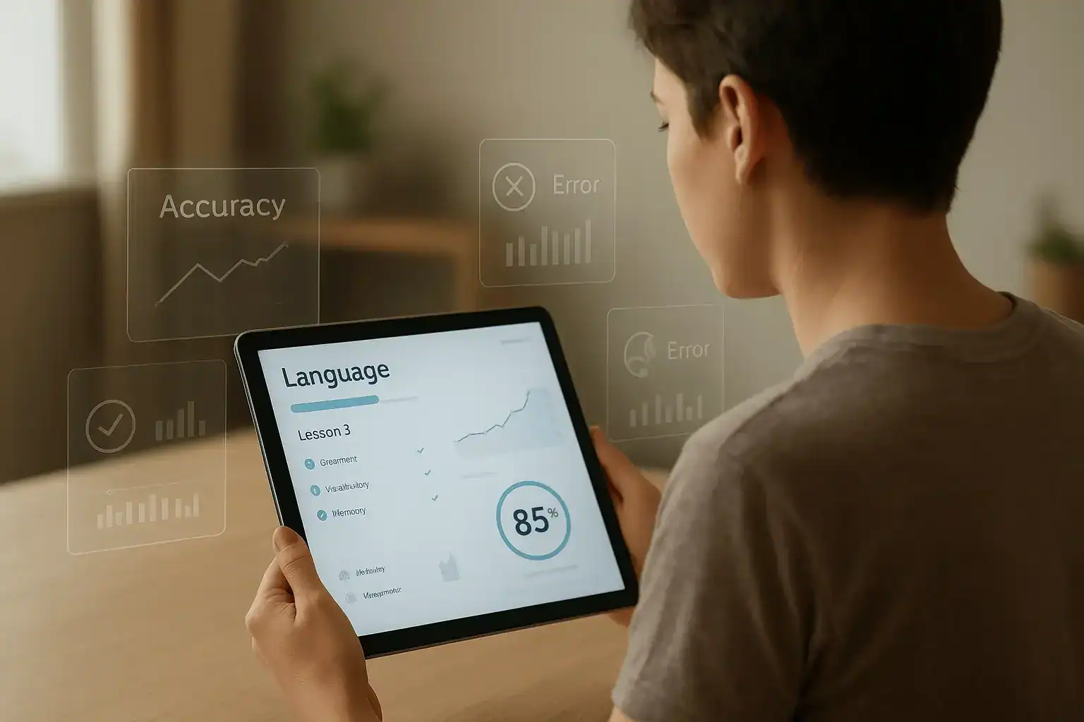 A learner using a tablet, focused on a language learning interface that visualizes the persons progress.