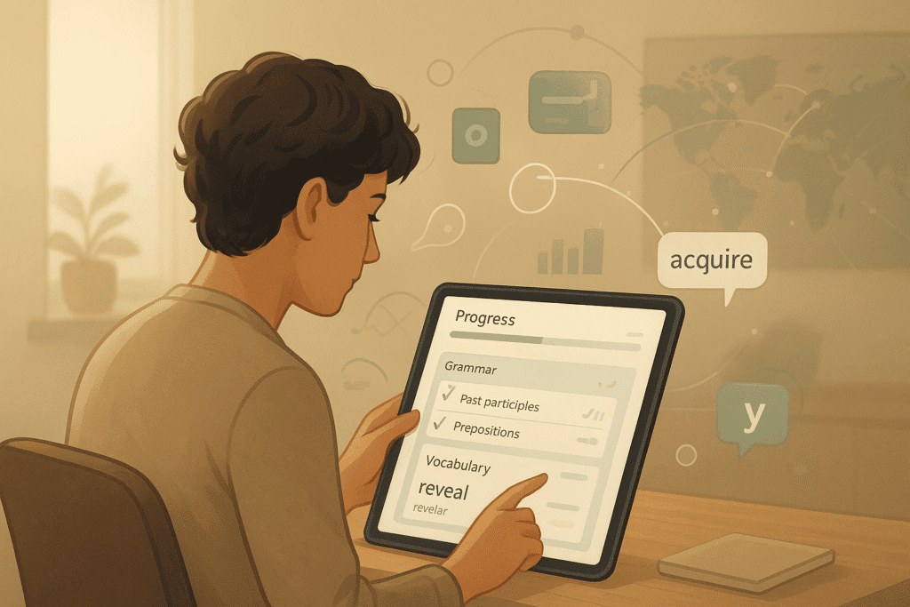 A person learning a language using an adaptive language app on a tablet. The screen shows a personalized dashboard with progress indicators, grammar suggestions, and vocabulary highlights adjusting dynamically in real-time.
