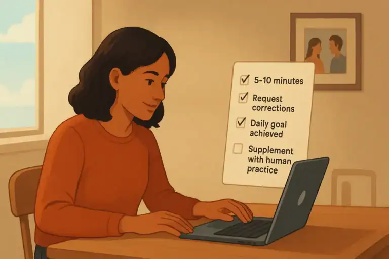 A woman sitting at a table at home with her laptop open, in the image there is a list with her progress from her daily practice with an AI language learning chatbot