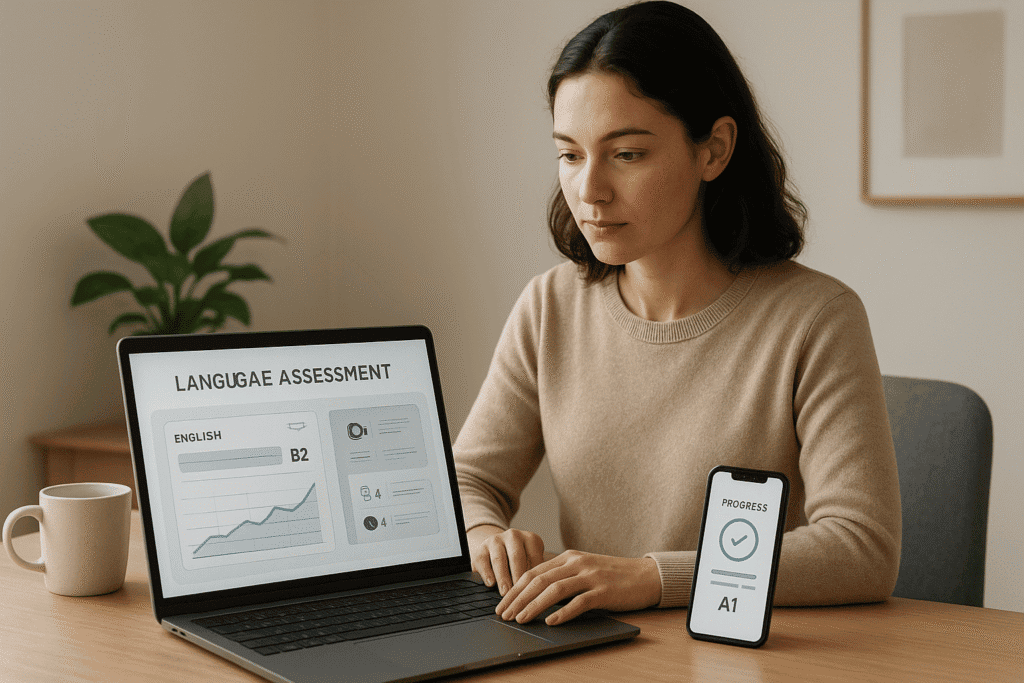Language assessment digital testing on laptop and smartphone for language learning and proficiency.
