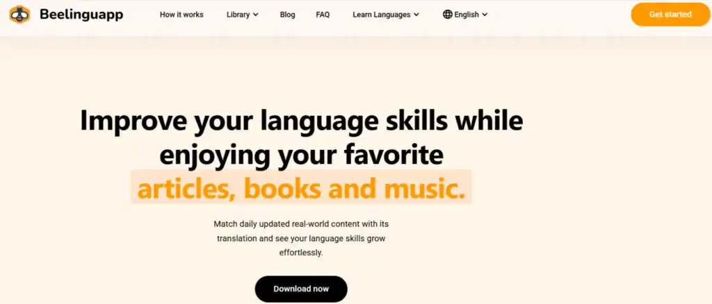 screenshot of the Beelinguapp landing page