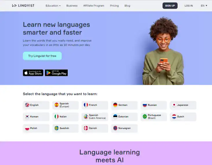 screenshot of the Lingvist landing page
