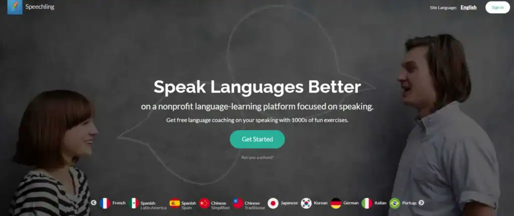 screenshot of the Speechling landing page