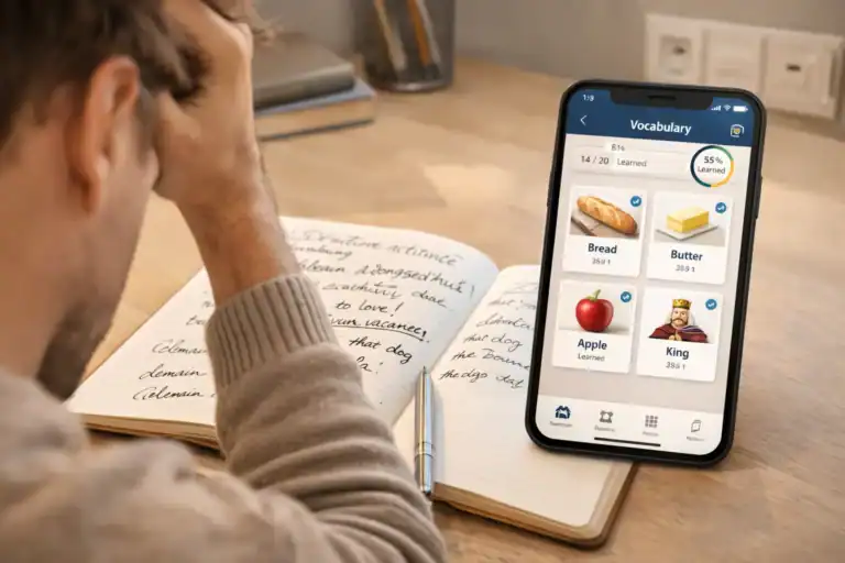 Hyper-realistic photo of learner at desk with confused expression, notebook filled with messy handwritten words. Next to it, smartphone showing clean vocabulary app interface with organized flashcards and progress tracking.