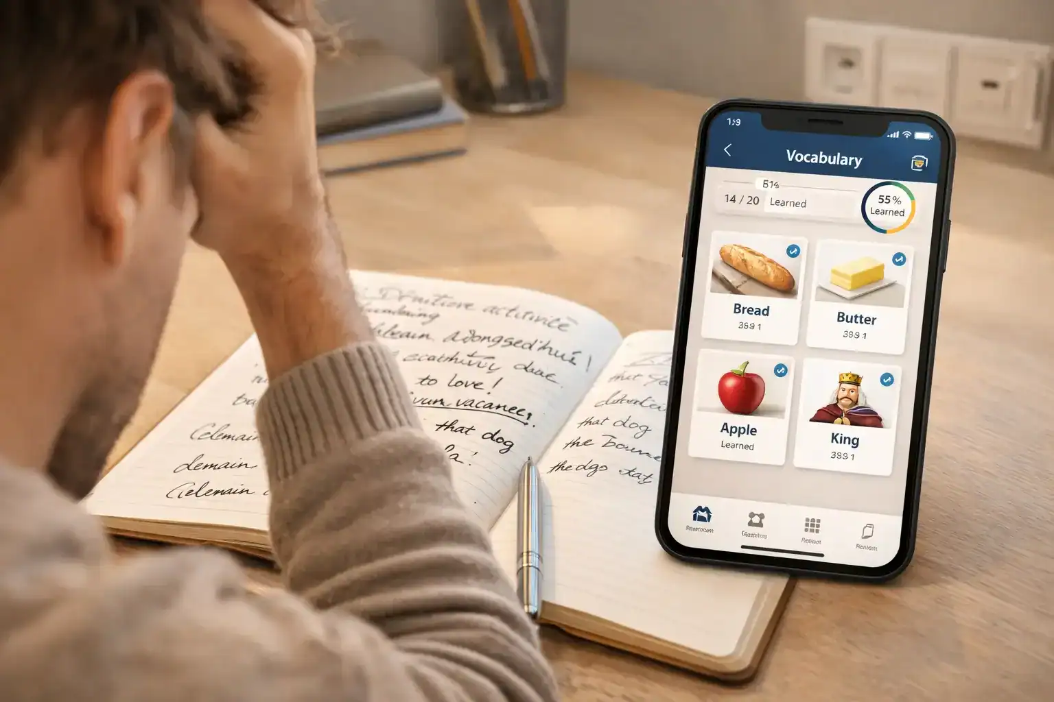 Hyper-realistic photo of learner at desk with confused expression, notebook filled with messy handwritten words. Next to it, smartphone showing clean vocabulary app interface with organized flashcards and progress tracking.