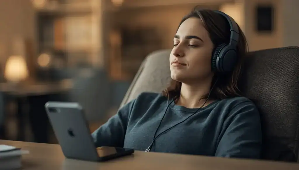 Person learning a language through audio lessons using headphones