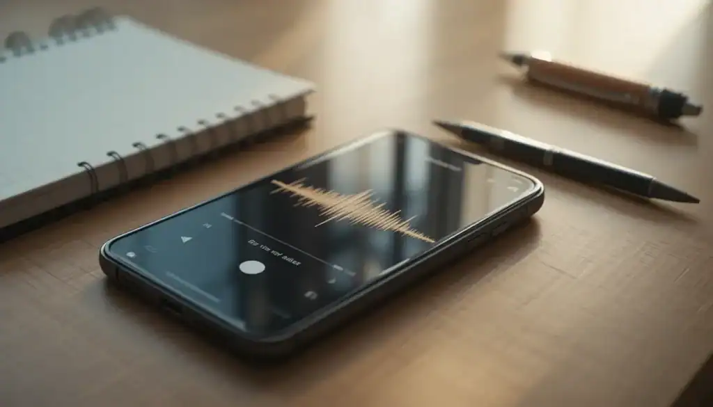 photo of a smartphone lying on a desk next to a notebook and pen. The phone displays a glowing audio waveform interface, as if playing a lesson.