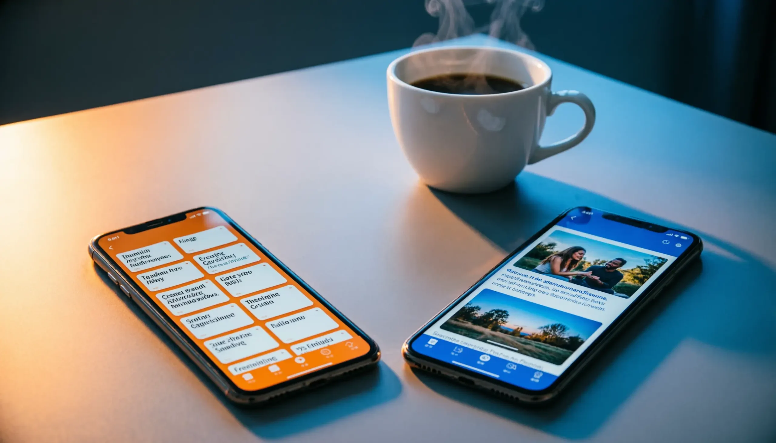 image showing two smartphones on a modern desk. Left phone displays orange-themed language learning interface with vocabulary cards, right phone shows blue-themed interface with immersive photo lessons.
