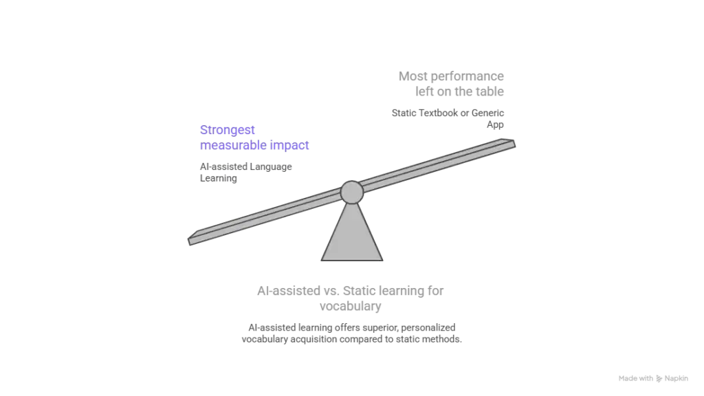 a visual of scales tipping weight towards AI-assisted learning vs Static learning for vocabulary acquisition