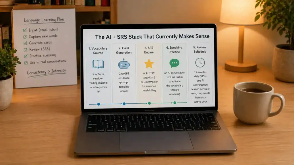 an open laptop that shows the stack for language learning tech; Vocabulary source, Card generation, SRS engine, Speaking practice and Review schedule