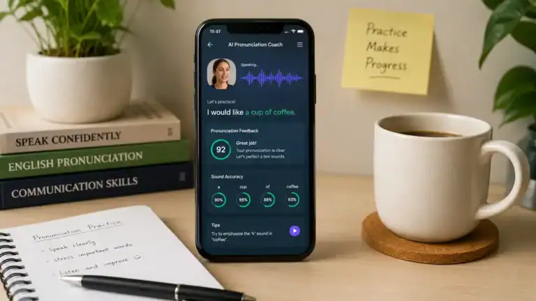 A table with books and a cup of coffie, center is a mobile phone showing a pronunciation app that talks about the right pronunciation of a cup of coffie