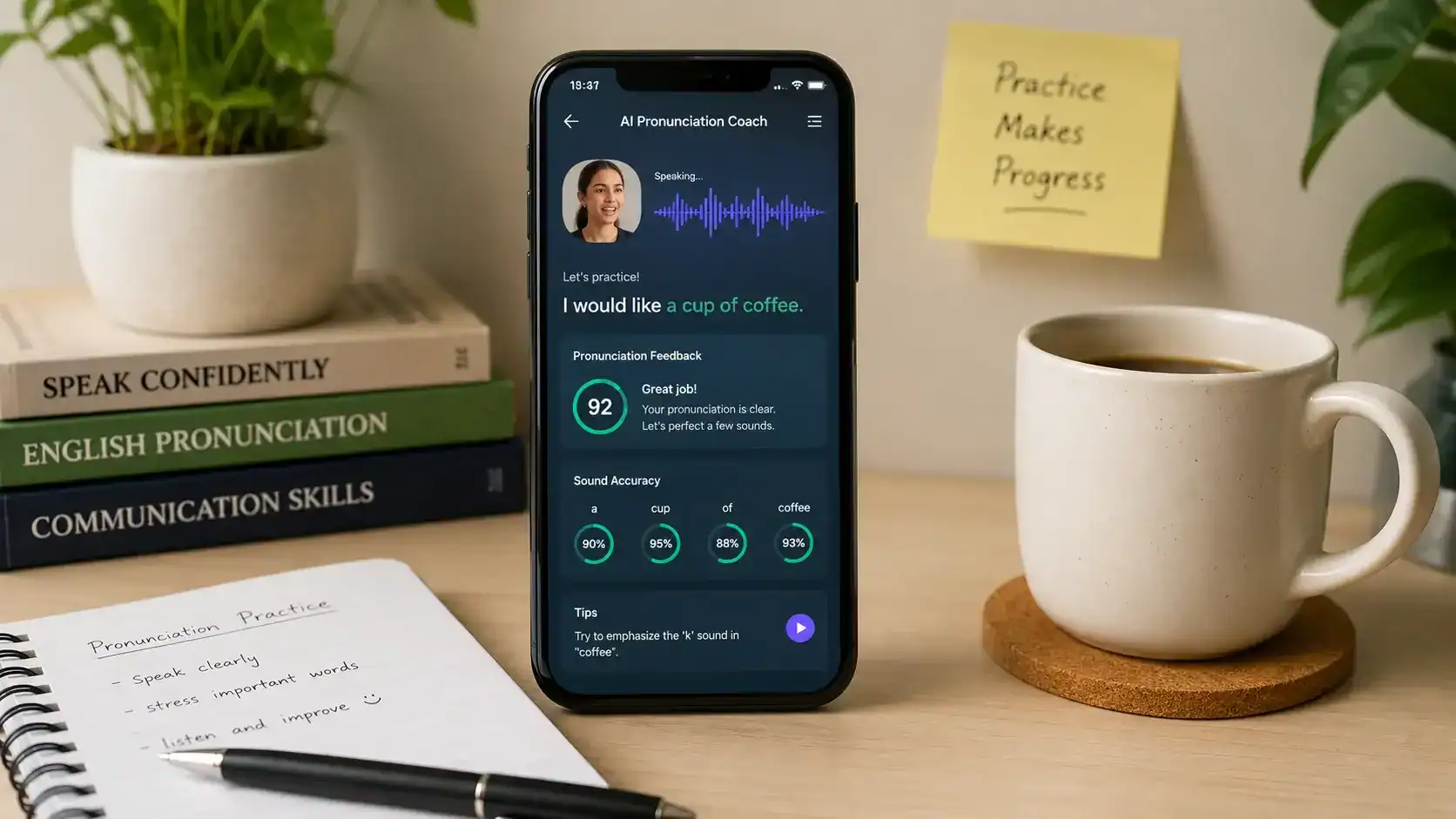 A table with books and a cup of coffie, center is a mobile phone showing a pronunciation app that talks about the right pronunciation of a cup of coffie