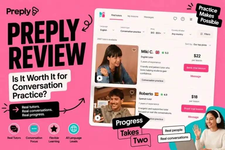 Real screenshot with text overlay for Preply review