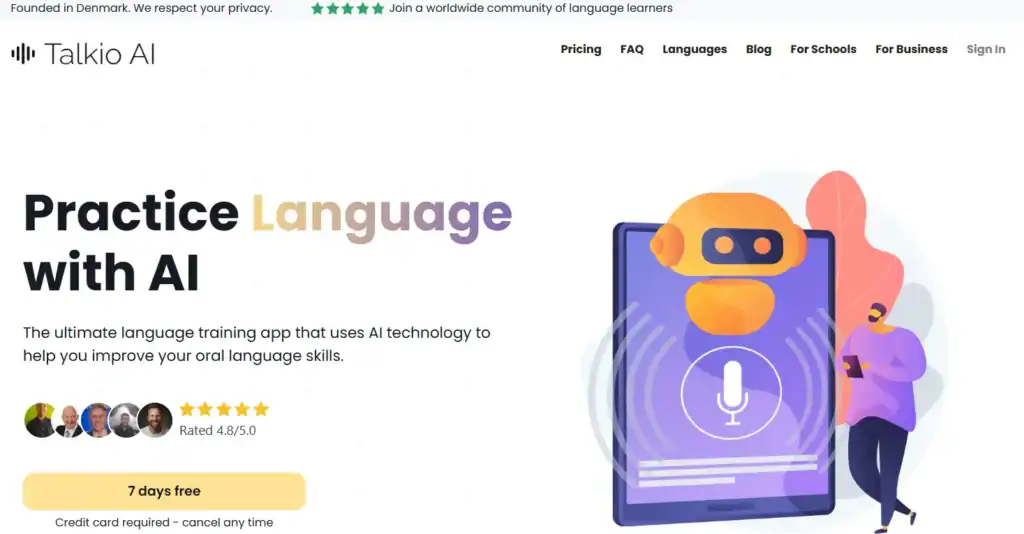Screenfront of language learning app Talkio