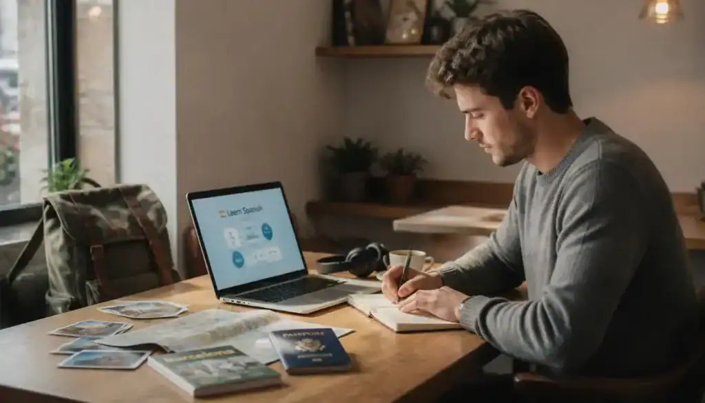 Young adult sitting at a wooden table with laptop open to a language-learning app, passport, travel guidebook and a map.