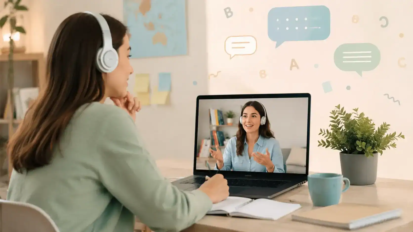 two people having a relaxed online language lesson via video call. One person is a tutor on screen, the other is a learner sitting at a desk with a laptop, coffee cup nearby.
