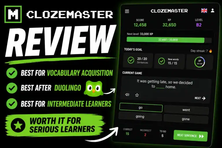 real app UI screenshot look of Clozemaster vocabulary tool