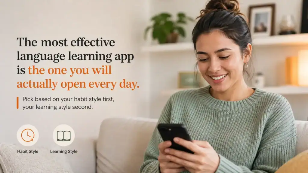 a woman holding her mobile phone, practising learning a foreign language through a language app