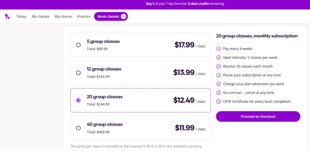 Lingoda pricing page in USD showing all four group class tiers