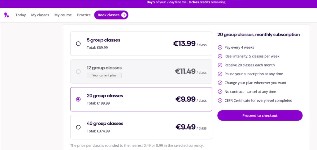 Lingoda pricing page in EUR showing all four group class tiers