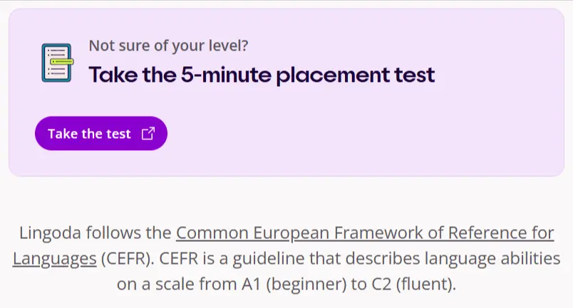 Lingoda placement test UI showing the 5-minute test prompt and CEFR scale explanation