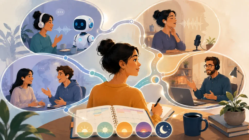 illustration showing the way to learn a new language in different ways
