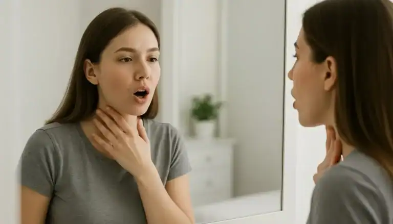 The main subject is centered with a thoughtful expression, practicing pronunciation while looking into a mirror. One hand gently touches their throat or chin as they focus on how sounds are produced.