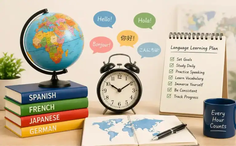 image of a desk with dictionaries, a globe, a clock, a notebook with a pen showing a world map and at the back a sign with all elements of a language learning plan. It reads: set goals, study daily, practice speaking, learn vocabulary, immerse yourself, be consistent and track progress