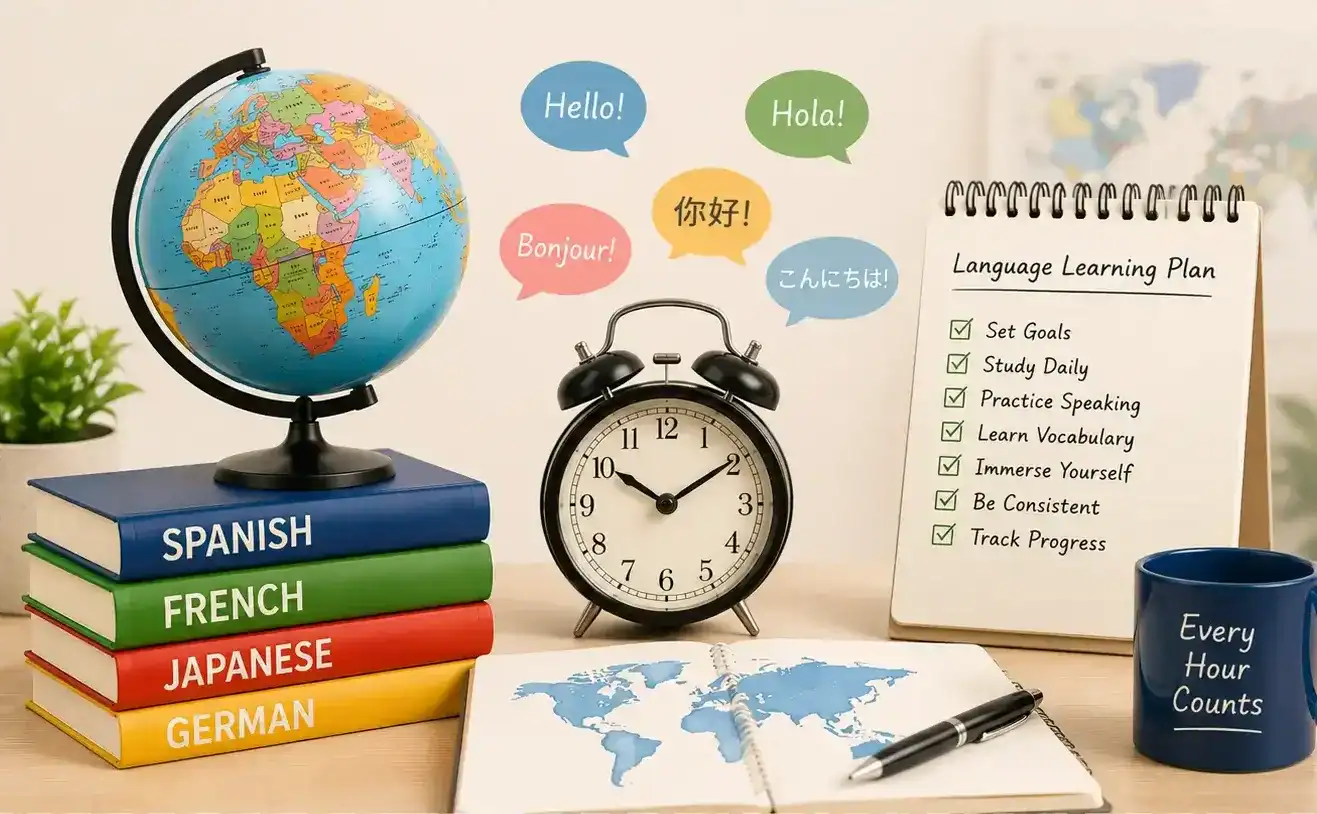 image of a desk with dictionaries, a globe, a clock, a notebook with a pen showing a world map and at the back a sign with all elements of a language learning plan. It reads: set goals, study daily, practice speaking, learn vocabulary, immerse yourself, be consistent and track progress