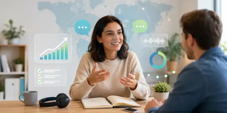 A learner talking confidently with a tutor while digital progress graphics float subtly in the background.