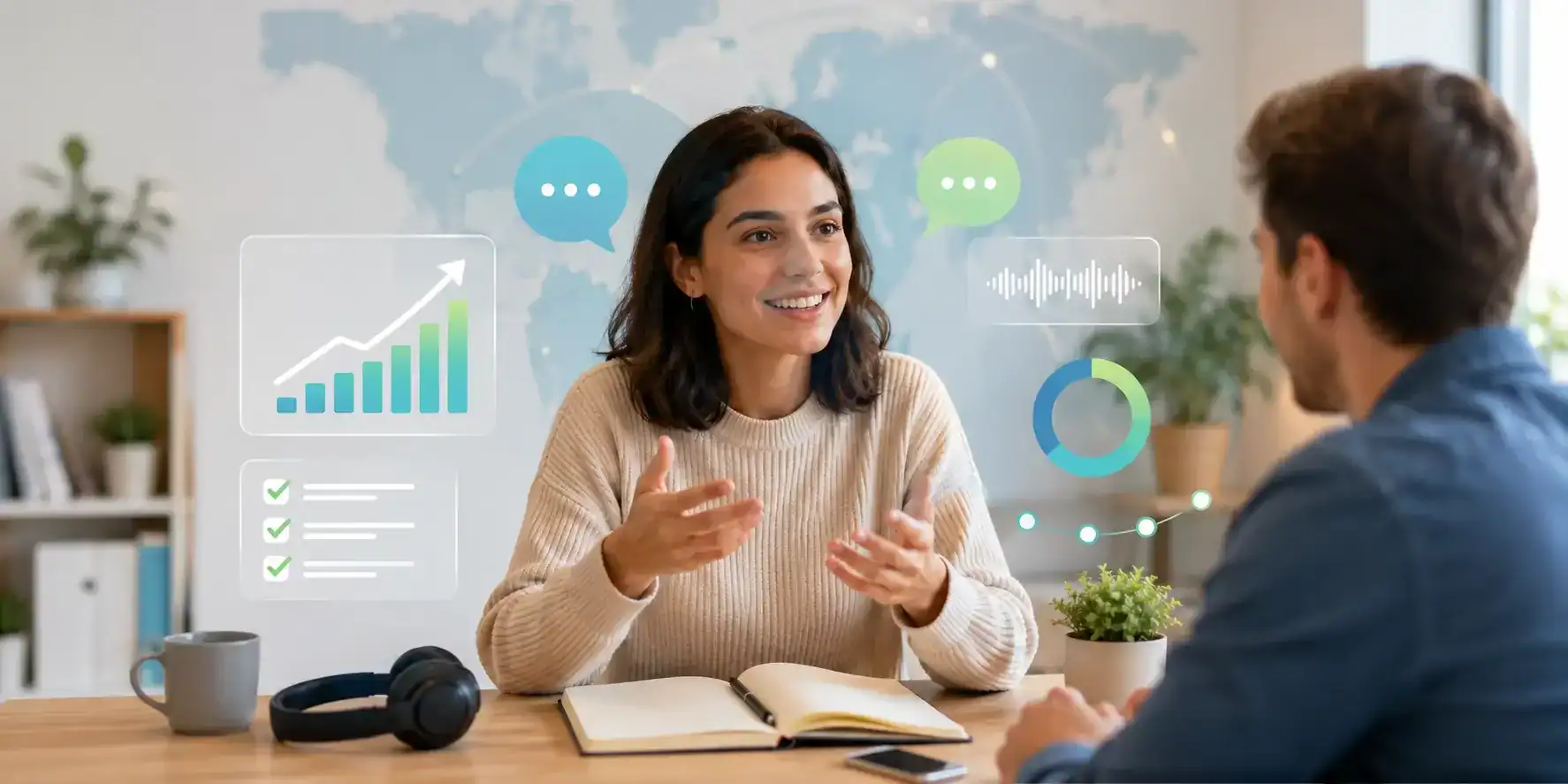 A learner talking confidently with a tutor while digital progress graphics float subtly in the background.